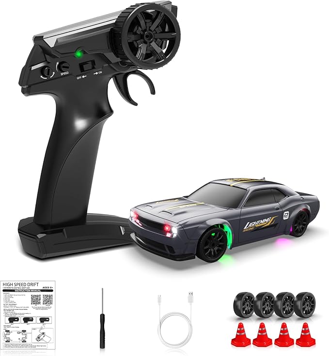 1/43 RC Drift Car Mini Drifting RC Car with Gyro 2.4GHz Full Proportional Drift Cars 4WD RTR Remote Control Cars with Colorful Lights High Speed Fast Racing Vehicle Gift for Kids Boys Adults