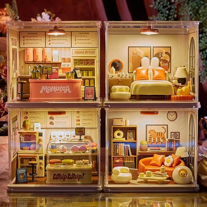 Milk Tea Shop DIY Miniature House Building Toy Dollhouse Set with LED Creator Playset Suitable for Mini Figures Construction Toys Diorama Kit Gifts for Adults