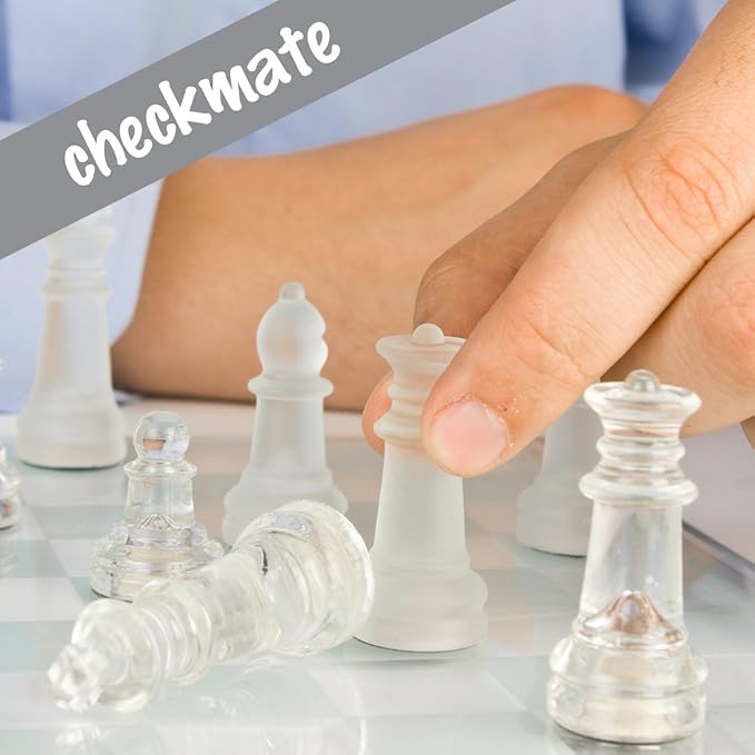 Gamie Premium Glass Chess Set 10 Inch - Elegant Design - Durable Build - 32 Frosted and Clear Pieces - Felted Bottoms - Easy to Carry - Stable &amp Fully Functional for Chess Lovers
