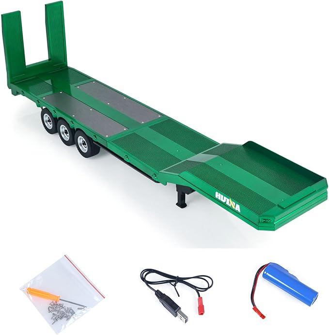 HUINA 1/18 Plastic Flatbed Semi Trailer 1502 for Radio Controlled Tractor Truck 1501 Electric Support Legs Battery No Light Hobby Grade Model for Birthday Gift(Green)