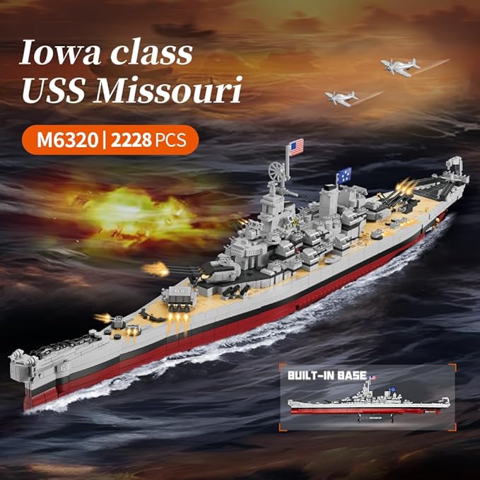 MISINI M6320 Military Series World War II Battleship Building Kit 2228 Pieces USS Missouri Battleship Toy Gift Ship Building Block Set for Adult Collection(Iowa-Class Warship)