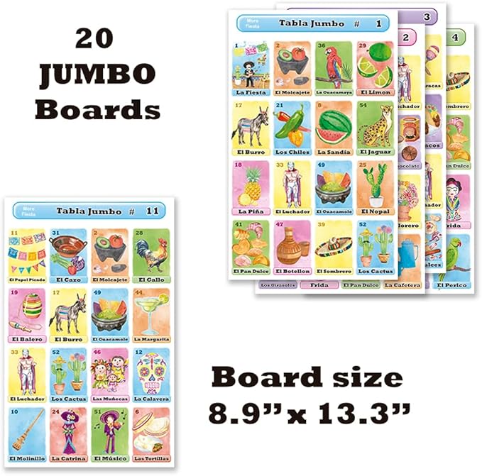 Jumbo Size Mexican Loteria Fiesta Game Set in Spanish for up to 20 Players - 20 Large Size Boards and Full Deck of Cards