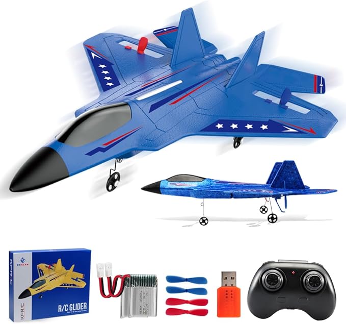 Fremego RC Airplane F22 Fighter Jet for Kids &amp Adults 2.4GHz Remote Control with Gyro Stabilization LED Lights Crash Resistant EPP Foam Perfect Beginner Gift(Blue)