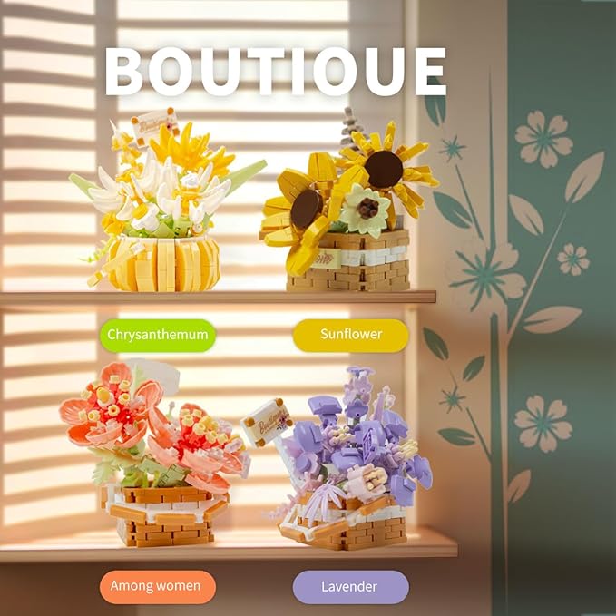 Miniature Flower Bouquet Building Blocks Set DIY Bonsai Basket Kit Artificial Flowers Botanical Collection Toys Home Shelf Decor for Adults &amp Teens (4 Sets)