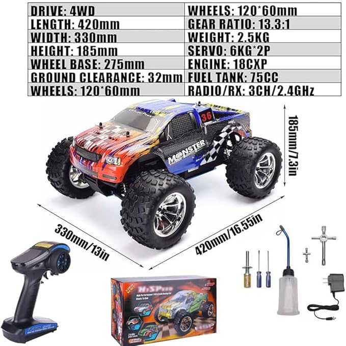 1/10 Nitro RC Truck 80KM/H Fast Nitro Gas Power Car 4WD Hhigh Speed Off Road Climbing Truck Buggy for Adult 18CXP Gas-Engine Remote Control Truck RTR Hobby Racing Vehicle Short Course Crawler