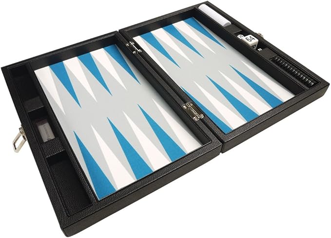 13-inch Premium Backgammon Set - Travel Size - Black Board White and Astral Blue Points