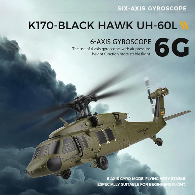 K170 UH60L Remote Controlled Helicopter for Adults RC Aircraft Plane 2.4Ghz 4CH RC Helicopter Heli Aileronless 6-Axis Gyroscope Altitude Hovering (3 Batteries)