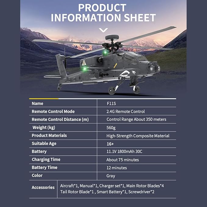 1/32 F11-S AH64 Apacche RC Helicopter 2.4G 6CH RC Dual-axis Co-Drive Flybarless 6G/3D Stunt Airplane Model with GPS and Camera (RTF Version)