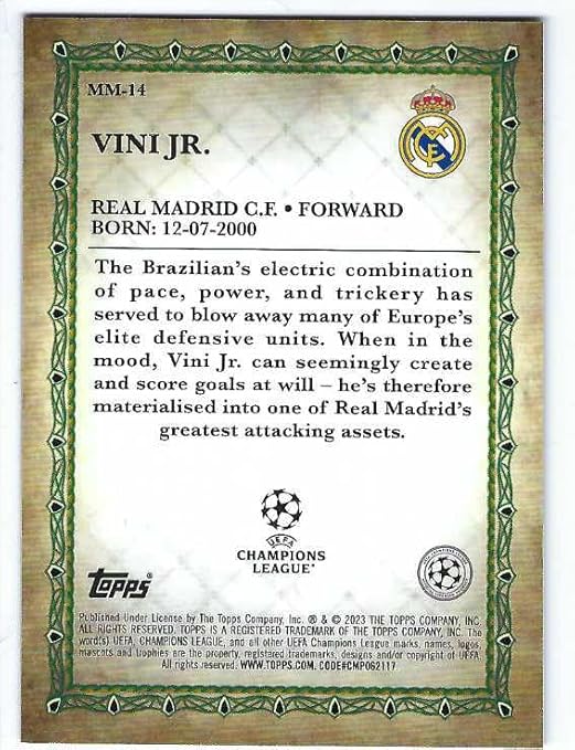 VINICIUS VINI JR JUNIOR 2022-23 Topps Merlin UEFA Merlin's Masters Soccer Card #MM-14 Brazil Real Madrid CF