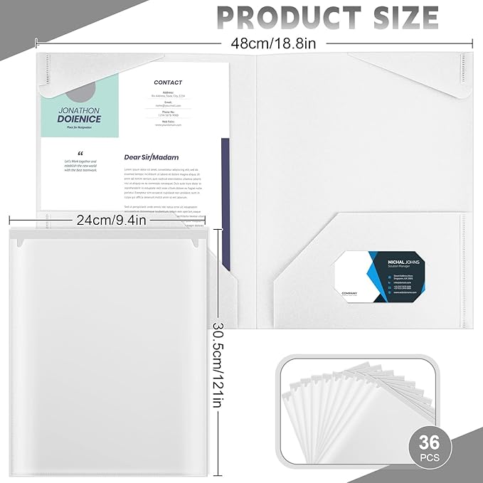 Henoyso 36 Pack Plastic Folders with Clear Front Pockets Heavy Duty File Folders with 2 Pockets and Card Slot for Classroom School &amp Office Bulk Supply (White)