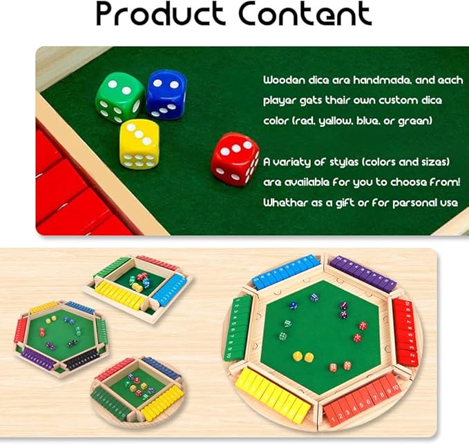 Shut The Box Game: 2-6 Player Wooden Board Math Game with 2-12 Dice | Educational Family Night Entertainment | Classic Pub Style | Funny Family Board Games (Colorful-6 Players)