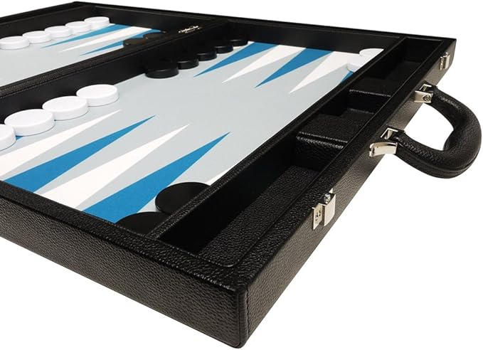 19-inch Premium Backgammon Set - Large Size - Black with White and Astral Blue Points