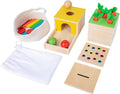 Adena Montessori 4 in 1 Wooden Play Kit Baby ToysObject Permanence BoxMatchstick Color Drop GameCarrot Harvest and Coin BoxBall Drop Toy for Kid 123 Year OldGirl Boy Gift for Baby 6-12 Month