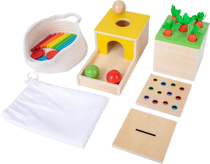 Adena Montessori 4 in 1 Wooden Play Kit Baby ToysObject Permanence BoxMatchstick Color Drop GameCarrot Harvest and Coin BoxBall Drop Toy for Kid 123 Year OldGirl Boy Gift for Baby 6-12 Month