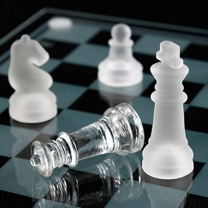 10*10 Glass Chess Set Frosted and Clear Pieces Felted Bottom for Adult and Teens（Gift for Game Education）