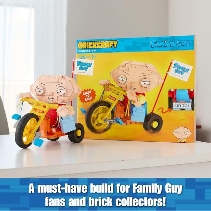 Brickcraft Family Guy Stewie on Trike Building Kit 429 Piece Construction Set Collectible Figure &amp TV Show Memorabilia Gift for FansKids and Adult Builders Ages 8+ for Display on Desk Shelf or