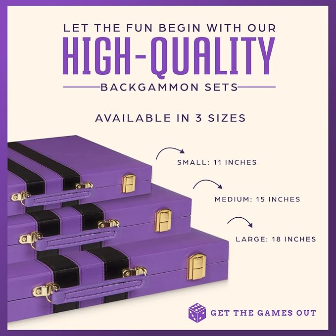 Get The Games Out Backgammon Set Classic Board Game Case 2 Players Includes Strategy &amp Tip Guide Perfect for Parties and Family Game Nights -Small Purple