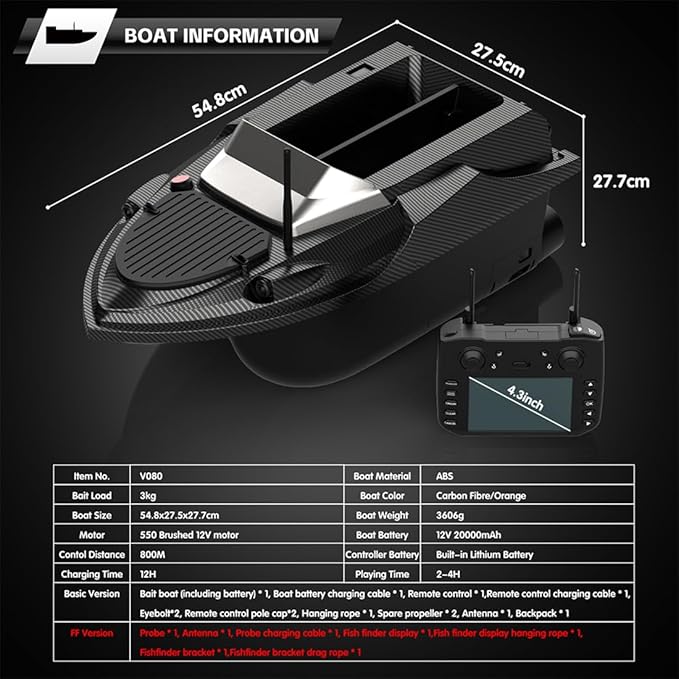 V080 Remote Control Bait Boat 12V High-Speed RC Bait Boat with 9 Fishing Zones and 180 Waypoints