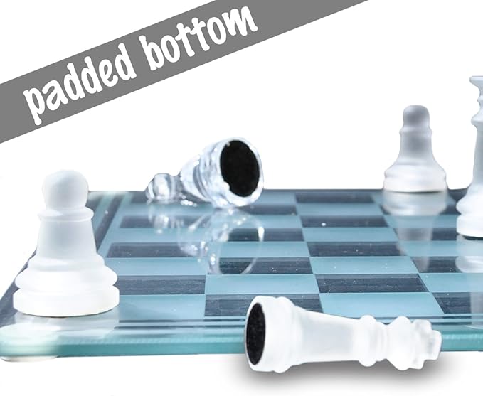 Gamie Premium Glass Chess Set 10 Inch - Elegant Design - Durable Build - 32 Frosted and Clear Pieces - Felted Bottoms - Easy to Carry - Stable &amp Fully Functional for Chess Lovers