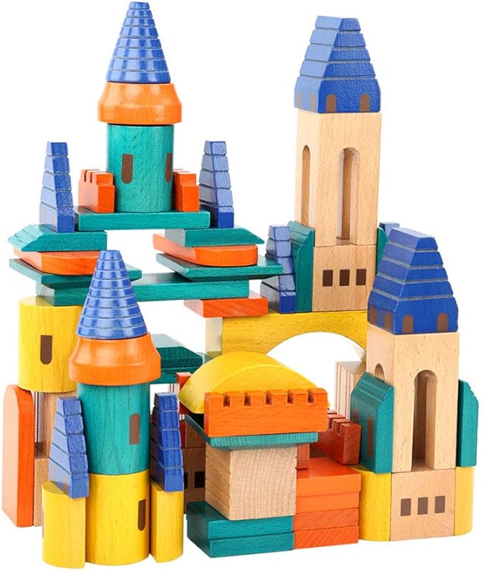 Xylolin Wooden Castle Building Blocks Set Big Solid Beech Wood Toddlers Stacking Block Toy Kids Construction Playset for Boys Girls 69 Pieces Set