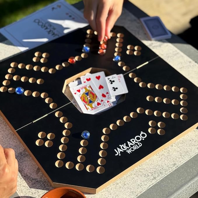 Jackaroo Board Game 2-4 Player Cards and Marbles Board Game Solid Wooden Game with 16 Glass Marbles and 52 Cards Marble Strategy Game Jokers and Marbles Game Foldable Board with Carry Bag (Black)