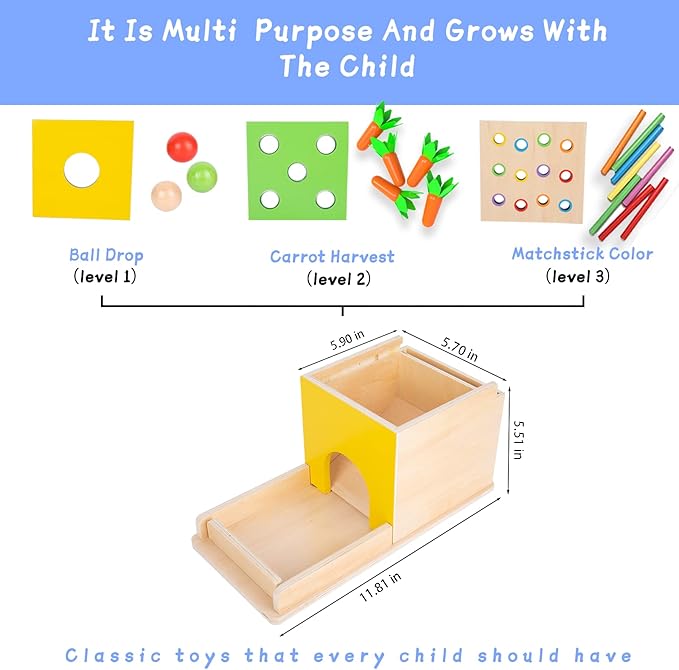 Montessori Toddler Play Kit Montessori Box Toys for 1 Year Old 2 Years Baby Learning Toys Gift Carrot Harvest Game Matchstick Color Drop Game and Coin Box (5-for-1)
