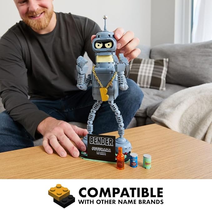 Brickcraft Futurama Bender Brick Building Kit | 396-Piece Posable Robot Figure with Gold Chain &amp Drinks | Sci-Fi Collectible Display Model Holiday for Adults Teens &amp Animated TV Fans