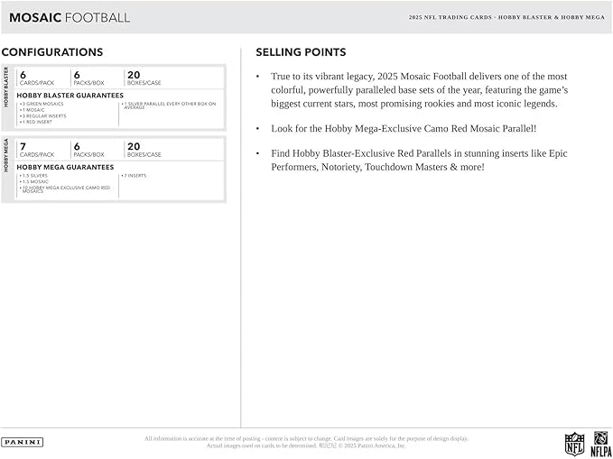 2025 Panini Mosaic Football Hobby Mega Trading Card Box (10 Exclusive Camo Red Mosaics Per Box)