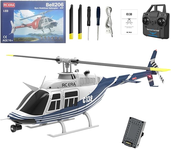 RC ERA C138 1/30 Scale 206 Helicopter for Adult 2.4G 6CH No Aileron Helicopter with Altitude Hold and Optical Flow Positioning 1 Battery (RTF Version/Blue&ampWhite)