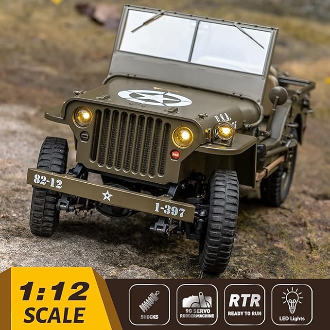 FMS Rochobby RC Car 112 1941 MB Scaler Willys Jeep Remote Control Crawler Military Truck 4x4 Offroad Vehicle with Transmitter Battery and Charger Small RC12001RTR Hunter Green