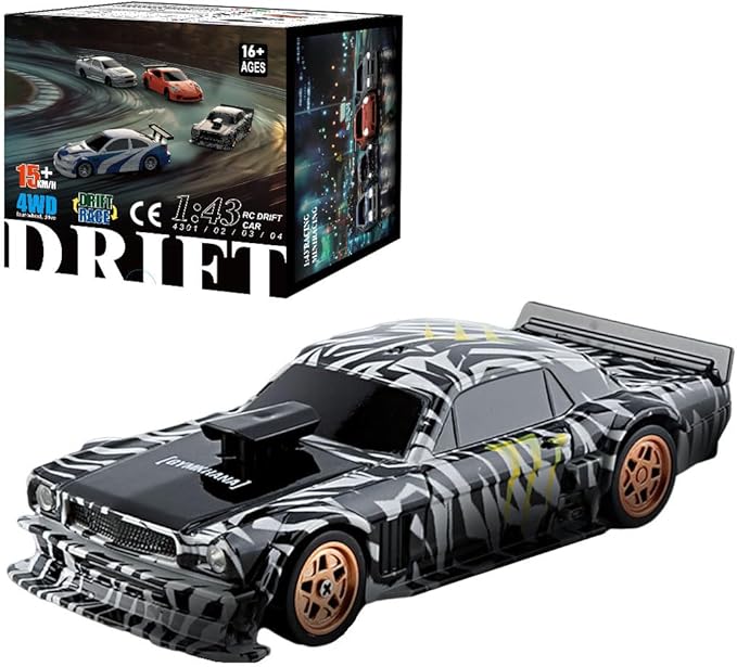 RC Drift Car 1/43 Scale 2.4G Full Proportional RC Electric Mini Racing Drift Car Model with Lights KitRC Model Cars Gifts for Adults (RTR Version/Black and White)