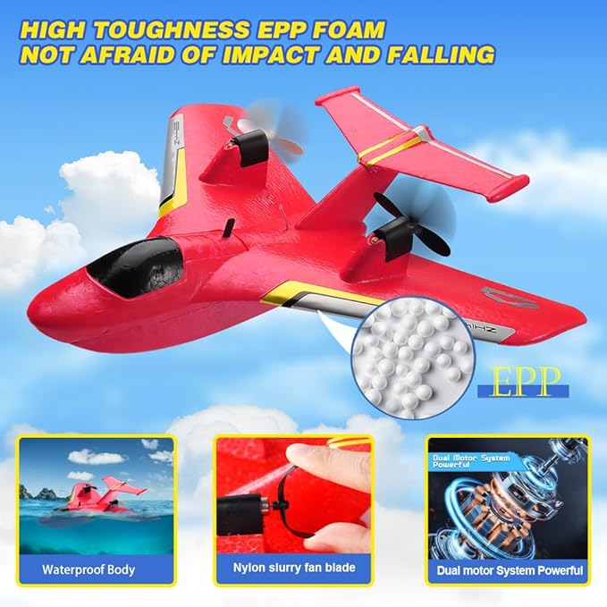 RC Water PlaneRC Airplane for Water Land and Air Remote Control Airplane Flying Fighter Toys2.4GHz 6-axis Gyro Stabilizer RTF Glider Aircraft Jet for Kids Adults Beginners Boys (Red)