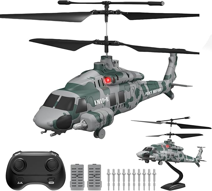 RC Helicopter LM19-E 2.4GHz Remote Control Helicopter with 10 Launchable Missiles LED Light Altitude Hold One-Key Take Off Indoor Friendly Army Toys for Birthday(2 Batteries)