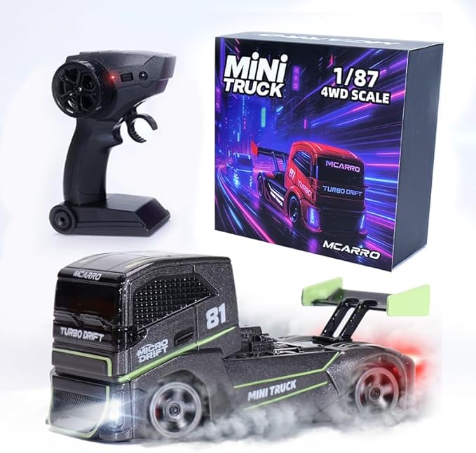 1/87 Scale Drift Rc Car - Semi-Truck Edition | 2.4GHz 4WD High-Speed Mini Remote Control Truck with Racing Lights (Gray)