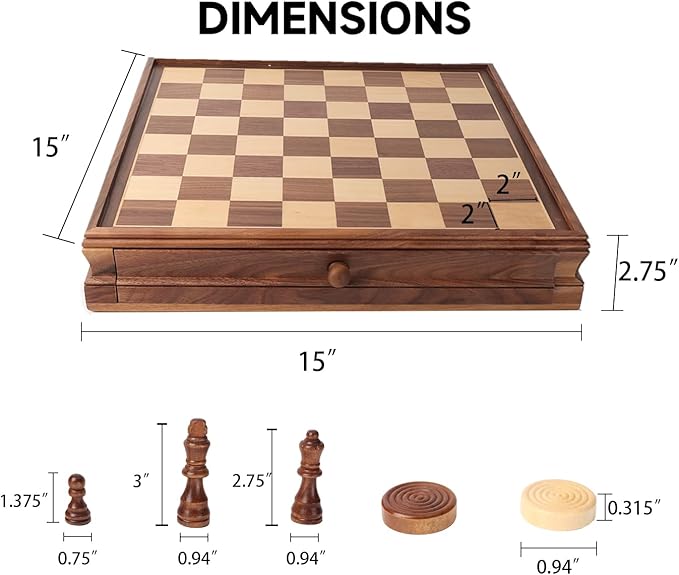 GSE Games &amp Sports Expert 15 Large Wooden 2-in-1 Chess &amp Checkers Board Game Combo Set with Drawer Board Games Chess Checker Set for Kids &amp Adults