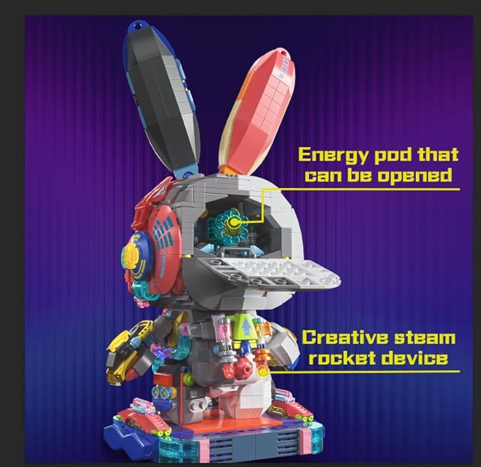 Mechanical Bunny Building Set 1377PCS Cyberpunk Technic Animal Collection Model Kit Creative Rabbit Animal Building Block Toys with Lights&ampDisplay Stand Easter Decor Gift for Boys Girls Adults Te