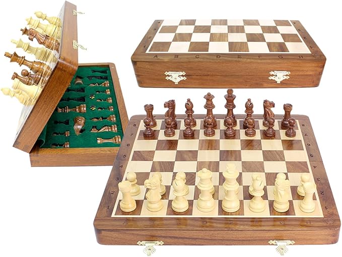 House of Chess - 10 Inch Wooden Magnetic Folding Travel Chess Set/Board with 2 Extra Knights 2 Extra Pawns 2 Extra Queens and Algebraic Notation - Handmade - Golden Rosewood
