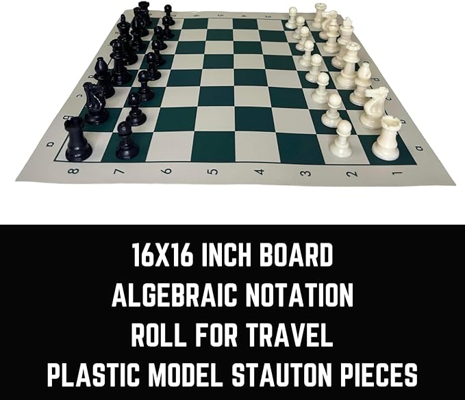 Tournament Chess Set: Portable Plastic Tube Roll Foldable Vinyl Chess Board (Green 16X16IN 2 Players All Ages)