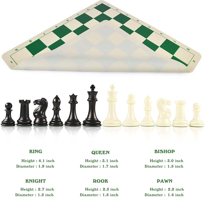4 King Tournament Chess Set Foldable 20 Silicone Chess Board Mat with 2.2 Squares Green Color Weighted Chess Pieces- 2 Extra Queens Carrying Case for Storage and Travel