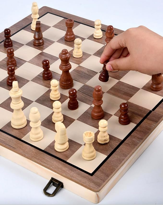 Wooden Chess and Checkers Set 2-in-1 – Folding Board with Storage Classic Staunton Chess Pieces and Checker Chips Portable Travel Game for Kids Adults Beginners and Family Fun