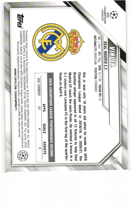 VINICIUS VINI JR JUNIOR 2021-22 Topps UEFA Champions League Soccer #70 Card Brazil Real Madrid CF