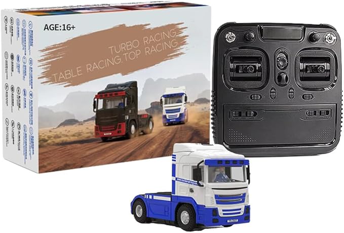 Turbo Racing 1/76 RC Semi Truck 2.4GHz 3CH Electric 4WD Mini Remote Control Tractor Model Desktop Scale Vehicle for Hobbyists (RTR/Blue &amp White)