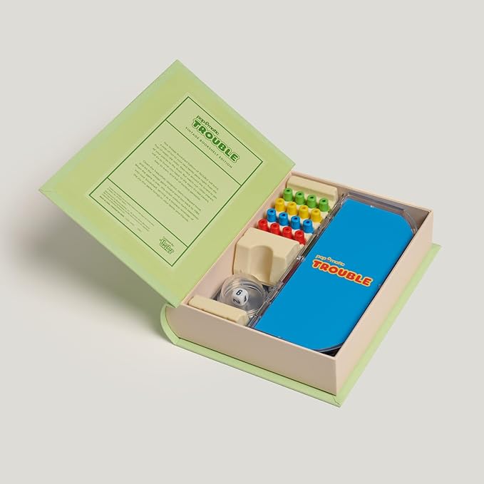 WS Game Company Trouble Vintage Bookshelf Edition Linen Wrapped Book Box &amp Slipcase Pop-O-Matic Die Roller Classic Board Games for Kids &amp Adults Ages 5+