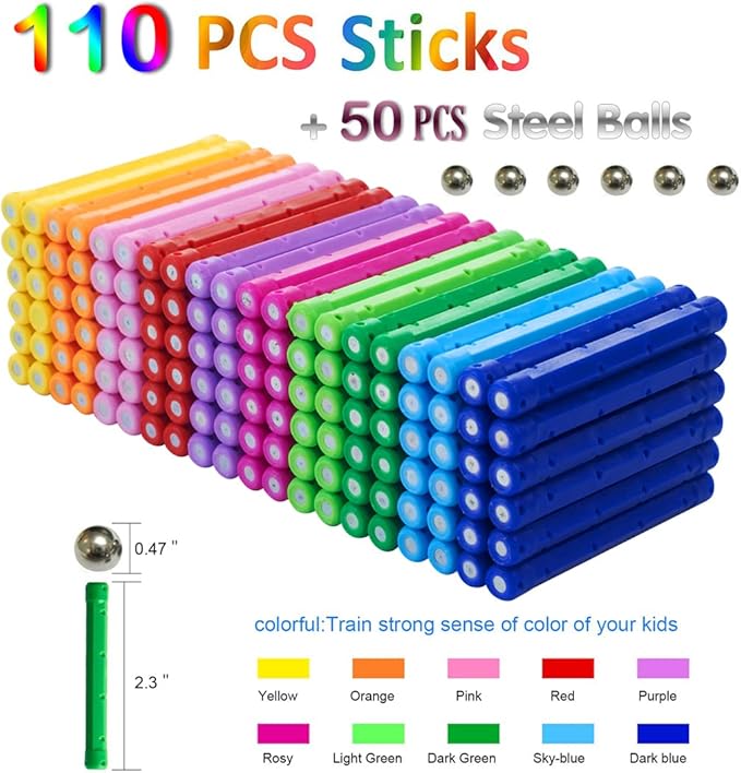 Veatree 160pcs Building Blocks Toys 2.3 Magnetic Sticks and Non-Magnetic Balls Set 3D STEM Game for Kids and Adults With Storage Bag