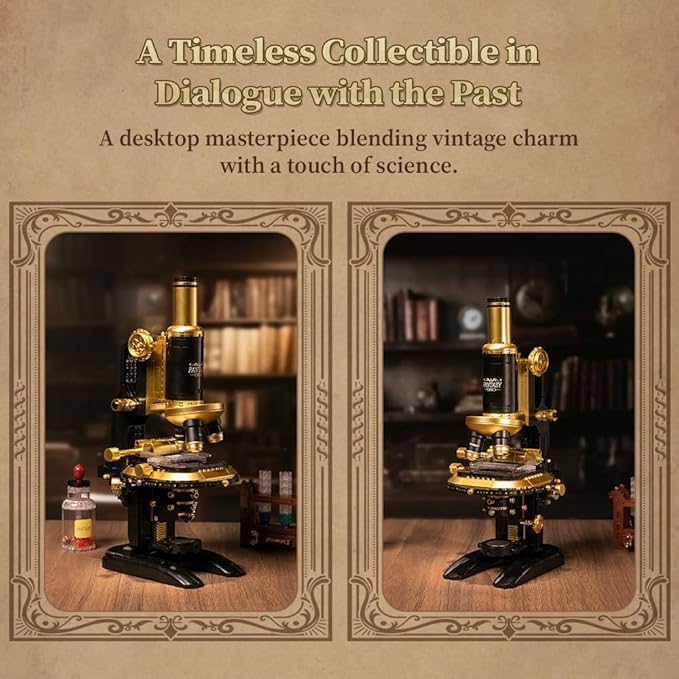 PANTASY Retro Microscope Building Kit for Adults Antique Science Instrument Model with Mechanical Design Brass Finish &amp Lab Accessories Collectible Display Brick Set