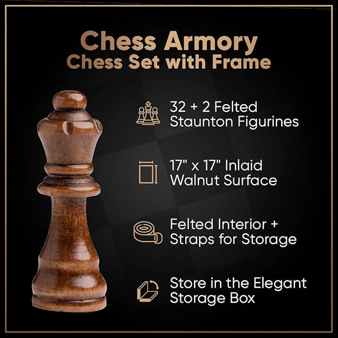 Chess Armory Wooden Chess Set – 17-Inch Large Chess Board with Felted Storage Box Extra Queens &amp Handcrafted Staunton Pieces