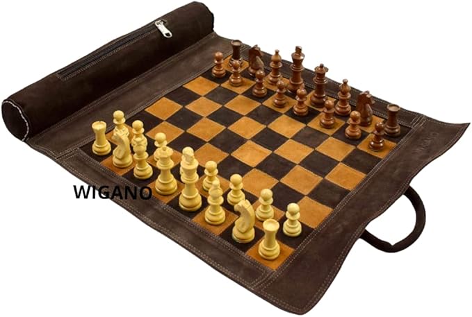 19X15 Genuine Leather Chess Set (Chess Size-12X12) - with 3 King Size Chess Pieces &amp Roll-Up Leather Chess Board (Brown(Suede))
