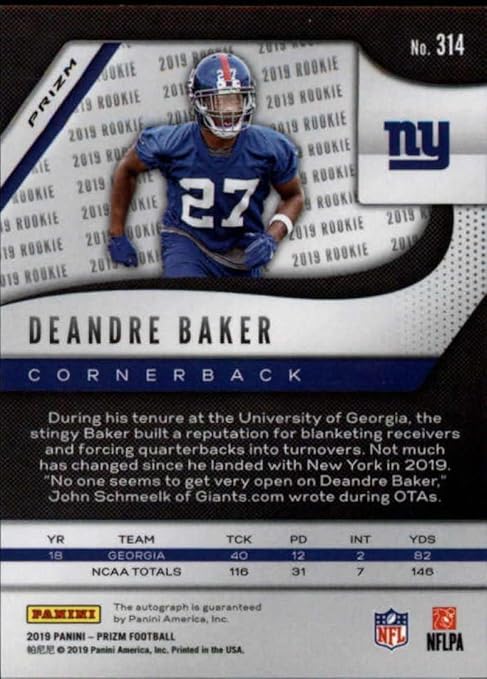 2019 Panini Prizm Neon Green Rookie Autograph #314 Deandre Baker RC AUTO New York Giants NFL Football Trading Card