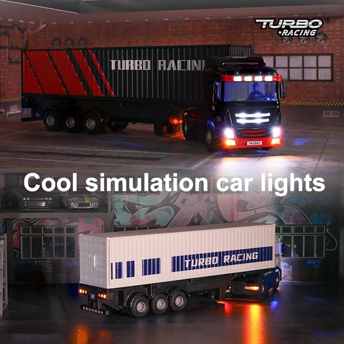 Turbo Racing 1:76 C50 RTR Tractor Remote Control Truck Four-Wheel Drive Simulated Headlights 10CH Minicar Model(Black-Red)