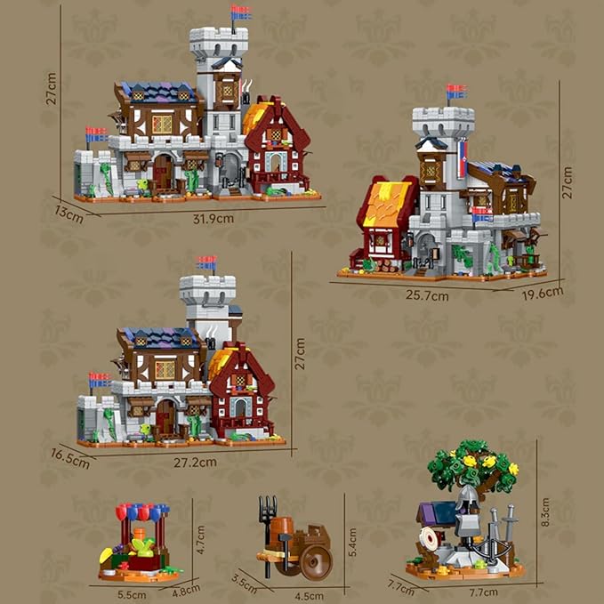 3 in 1 Medieval Cabin Knight Castle Town Square Center Building Set 3 Storytelling Viking Village Sets for Adult House Collection Toy Creative Present for Enthusiasts 1760PCS